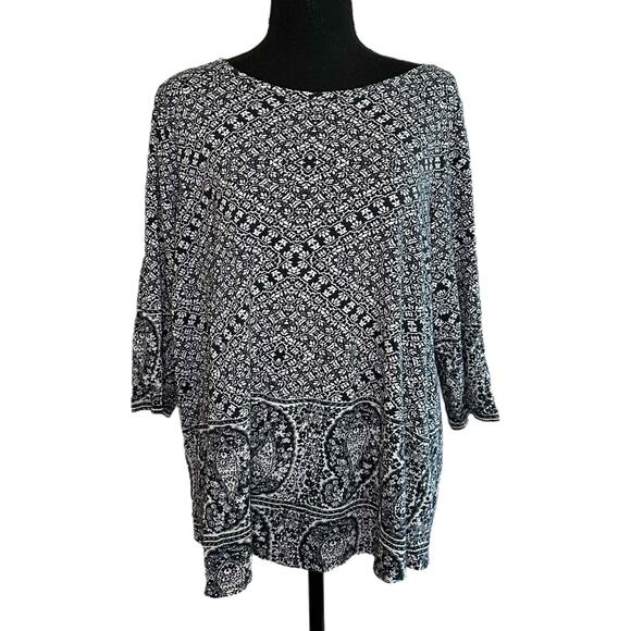 D10 Lucky Brand 3/4 Sleeve Boho Print Top, Size 1X, Pre-owned - Picture 1 of 5